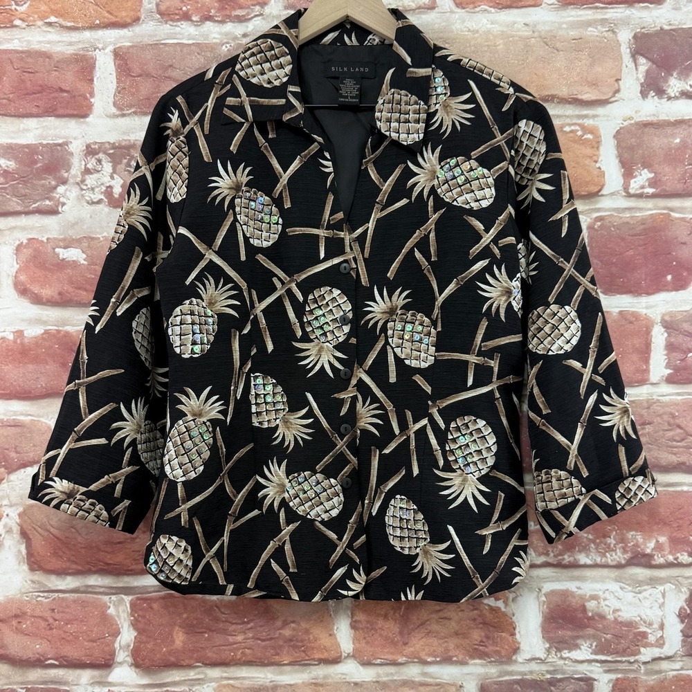 Silk Land Jacket Women's L Black Tan 100% Silk Tropical Pineapple Sequin Blazer